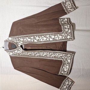 3/$20-Vintage Silk Brown White Blazer, Embroidered, Sz 14 W, NWOT
